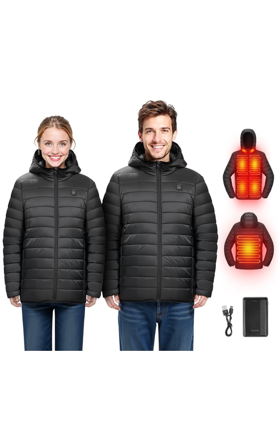 Heated Jacket for Men with 7.4V Battery, Soft Shell Electric Heating Coat, Windproof Lightweight Outerwear with 6 Heating Zones & 3 Heat Settings for Hiking, Outdoor Work, Black