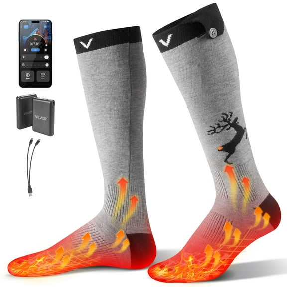 VEVOR Heated Socks, 6000mAh Battery Powered, Rechargeable Heating Socks with 4 Heating Levels, Electric Heated Sock with APP Control for Men Women, Foot Warmer for Hunting Riding Camping Hiking