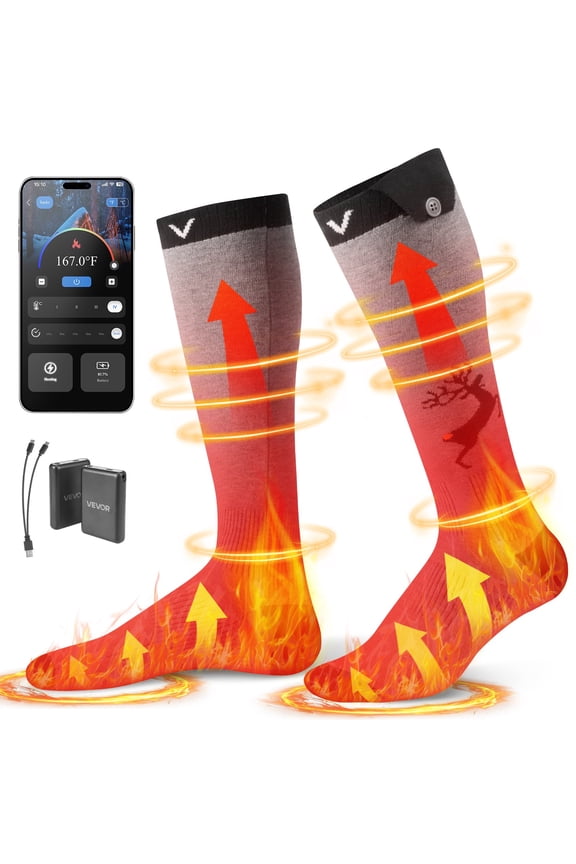 VEVOR Heated Socks, 6000mAh Battery Powered, Rechargeable Heating Socks with 4 Heating Levels, Electric Heated Sock with APP Control for Men Women, Foot Warmer for Hunting Riding Camping Hiking