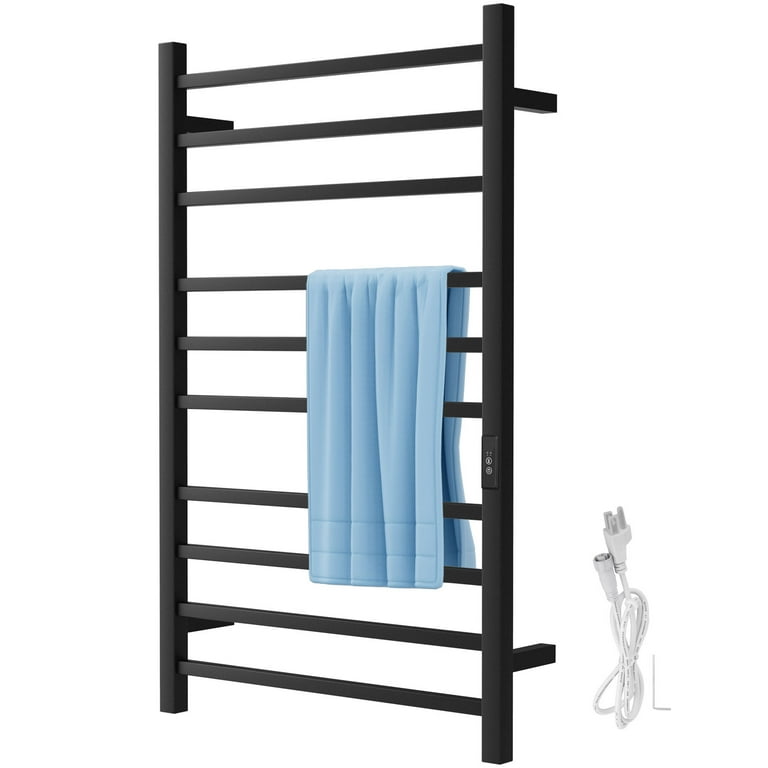 VEVOR Heated Towel Rack 10 Bars Powder Coated Stainless Steel Electric with Timer Wall Mounted Black Walmart