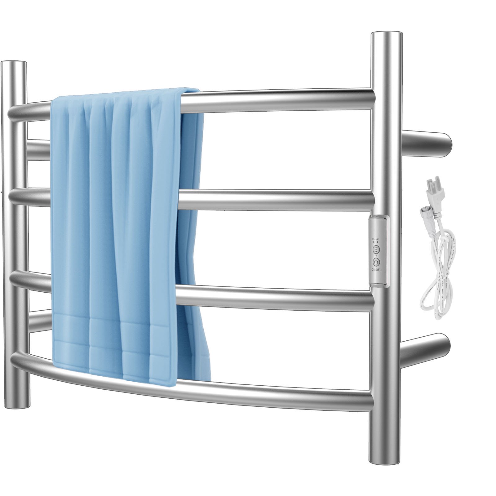 VEVOR Heated Towel Rack, 4 Bars Curved Design, Polishing Brushed Stainless  Steel Electric Towel Warmer with Built-In Timer, Wall-Mounted for Bathroom,  Plug-In/Hardwired, UL Certificated, Silver - Walmart.com