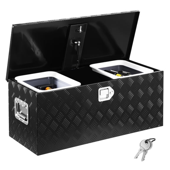 VEVOR Heavy Duty Aluminum Truck Bed Tool Box, Stripes Plated Tool Box with Sliding Shelf, Side Handle, Lock & Keys, Storage Toolbox Chest for Trailer, Pickup, Truck Bed, RV, 35.4"x14.6"x14.6", Black