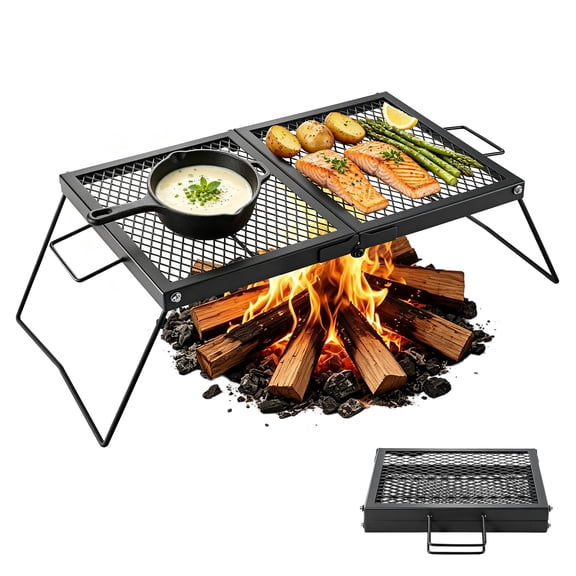 VEVOR Heavy Duty Folding Campfire Grill, 24" Portable Camping Grill Grate, Sturdy Steel Mesh, Compact Equipment Over Fire Pit, with Legs and Handle, Grilling Rack for Outdoor Open Flame Cooking,Black