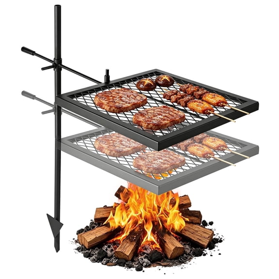 VEVOR Heavy Duty Swivel Campfire Grill, 16" Portable Camping Grill Grate, Sturdy Steel BBQ Mesh, 360 Height Adjustable Over Fire Pit Equipment with Carrying Bag, for Outdoor Open Flame Cooking,Black