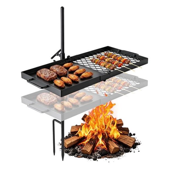 VEVOR Heavy Duty Swivel Campfire Grill, 24" Portable Camping Grill Grate & Griddle, Sturdy Steel BBQ Mesh, 360 Height Adjustable Over Fire Pit Equipment, for Outdoor Open Flame Cooking, Black