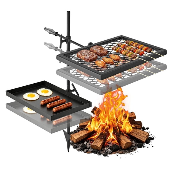 VEVOR Heavy Duty Swivel Campfire Grill, Double Layer Portable Camping Grill Grate & Griddle, Sturdy Steel BBQ Mesh, 360 Height Adjustable Over Fire Pit, for Outdoor Open Flame Cooking, Black