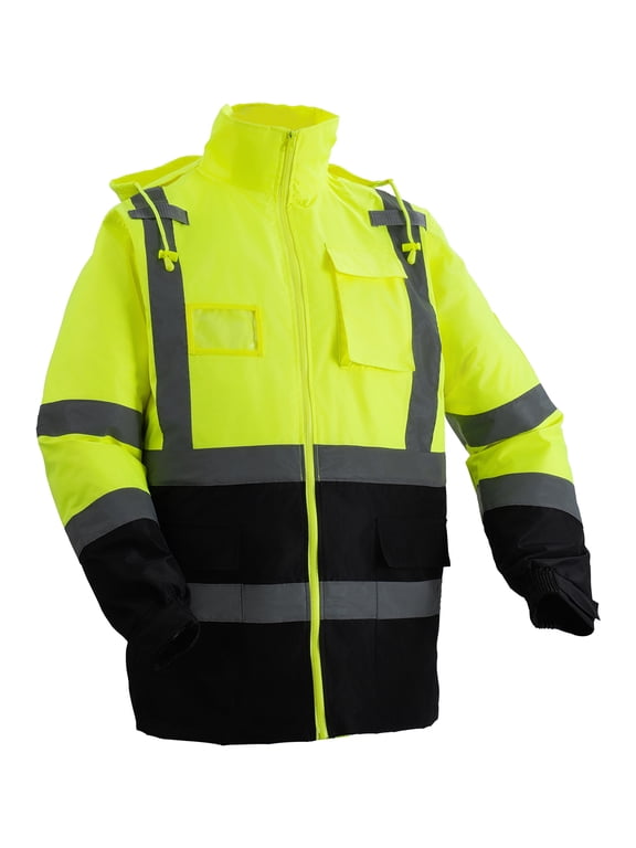High Visibility Reflective Safety Jacket, Waterproof Safety Hoodie, Work Construction Coat with Pockets for Men & Women, Rain Gear Meet ANSI & Class 3, Hi Vis Yellow Coat with Black Bottom, L