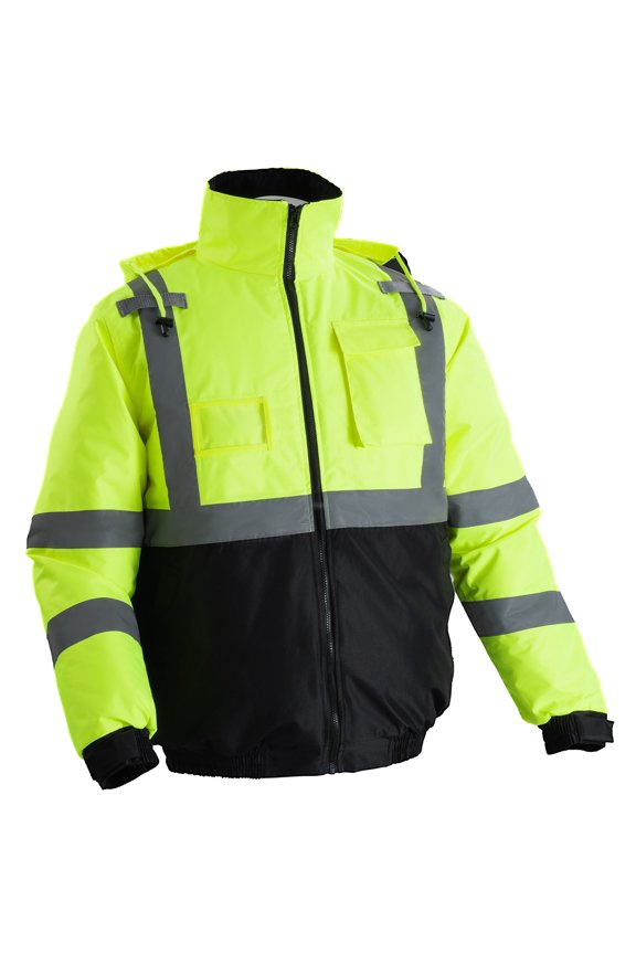 High Visibility Reflective Safety Jacket, Waterproof Winter Hoodie, Work Construction Coat with Pockets for Men & Women, Rain Gear Meet ANSI & Class 3, Hi Vis Yellow Coat with Black Bottom, L