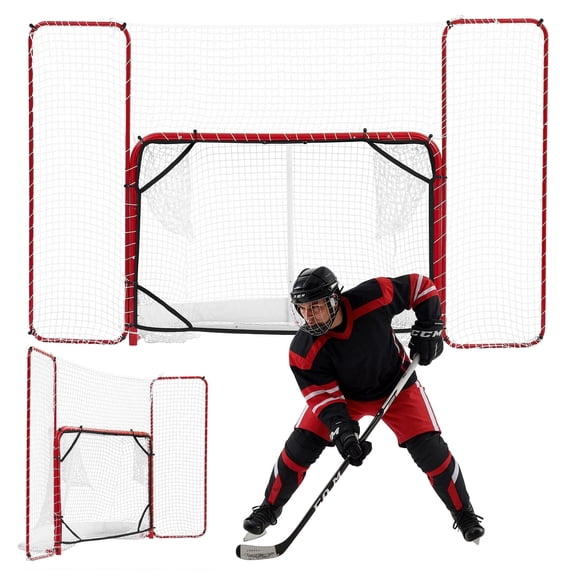 VEVOR Hockey Goal with Backstop and Targets, 10x6FT Street Steel Hockey Goal Set, Pro Lightweight and Portable Training Equipment, Durable Net for Indoor & Outdoor Use, Easy Assembly, White/Red