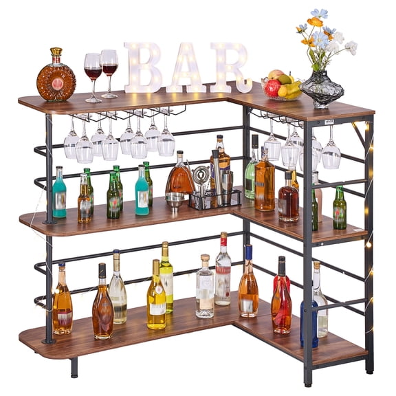 VEVOR Home Bar Unit, L-Shaped Wine Bar Cabinet Table 3-Tier with Storage Shelves, Adjustable Foot Pads, LED Light, Walnut Finish & Metal Frame Liquor Cabinet for Home, Kitchen,Living Room,Pub