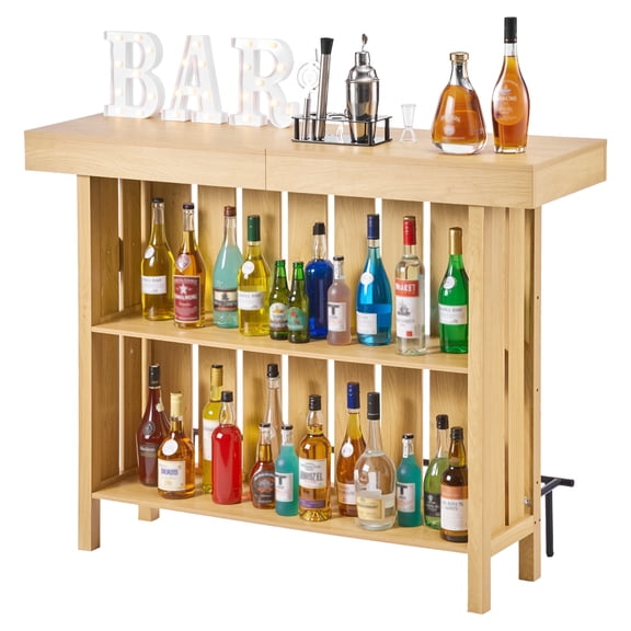 VEVOR Home Bar Unit, Wine Bar Cabinet Table 3-Tier with Storage Shelves, Opener Storage Box & Adjustable Foot Pads, Black Footrest, Wood & Metal Liquor Cabinet for Home, Basement, Living Room