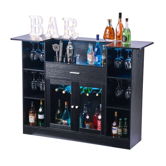 VEVOR Home Bar Unit, Wine Bar Cabinet Table 4-Tier with Storage Drawer Shelves, Wine Glass Holder, Bottle Rack, LED Light, Wood & Metal Liquor Cabinet for Home, Basement, Kitchen, Living Room, Black