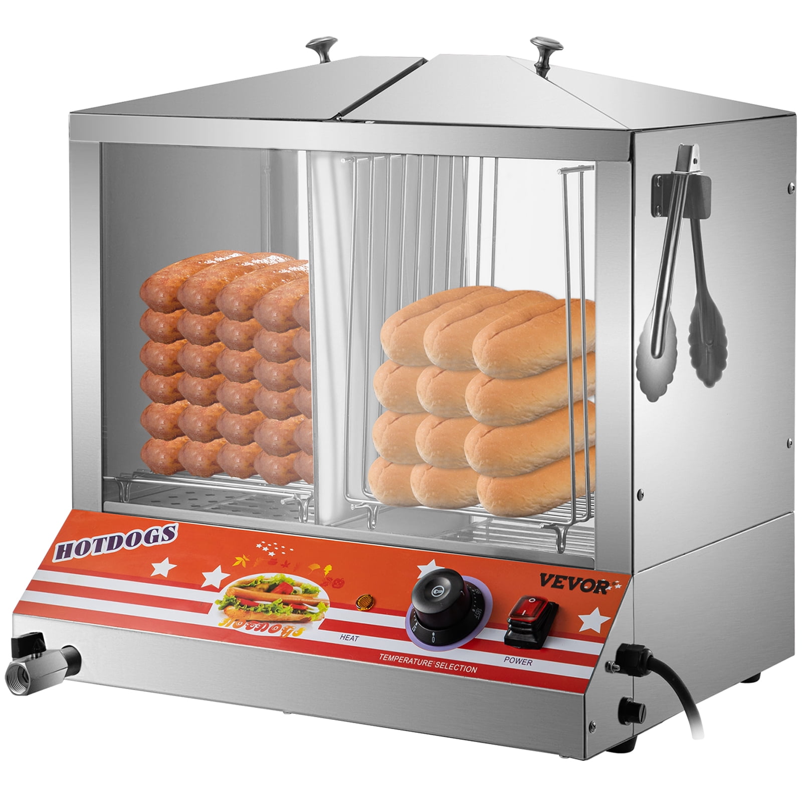 VEVOR Hot Dog Steamer, 36L/32.69Qt, Top Load Hut Steamer for 100 Hot Dogs & 48 Buns, Electric Bun Warmer Cooker with Acrylic Windows Partition Plate Shelves Food Clip PTFE Tape, Stainless Steel Sansujyuku sansujyuku.com