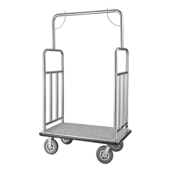 VEVOR Hotel Luggage Cart, 1200 LBS Load Capacity, Brushed Stainless Steel Finish Bellman's Cart, Valet Cart with Grey Carpeted Deck and 8-inch Rubber Wheels, Ideal for Hotels, Condos, Resorts, Silver