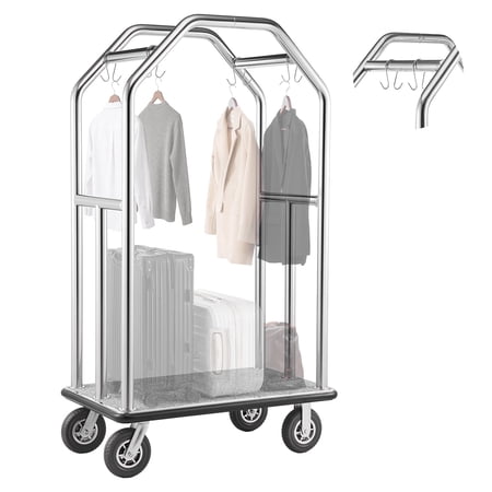 VEVOR Hotel Luggage Cart, 1500 lbs Heavy Duty Bellman Cart with Stainless Steel Frame, 8 in Rubber Wheels, Gray Carpeted Deck, Commercial Luggage Carrier Rolling Trolley for Hotels,Resorts,Silver