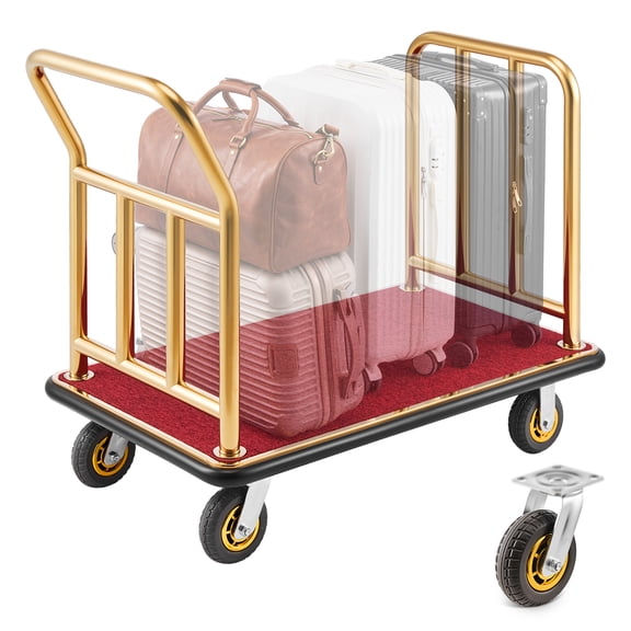 VEVOR Hotel Luggage Cart, 750 lbs Heavy Duty Bellman Cart with Stainless Steel Frame, 6 in Rubber Wheels, Red Carpeted Deck, Commercial Luggage Carrier Rolling Trolley for Hotels, Resorts, Gold