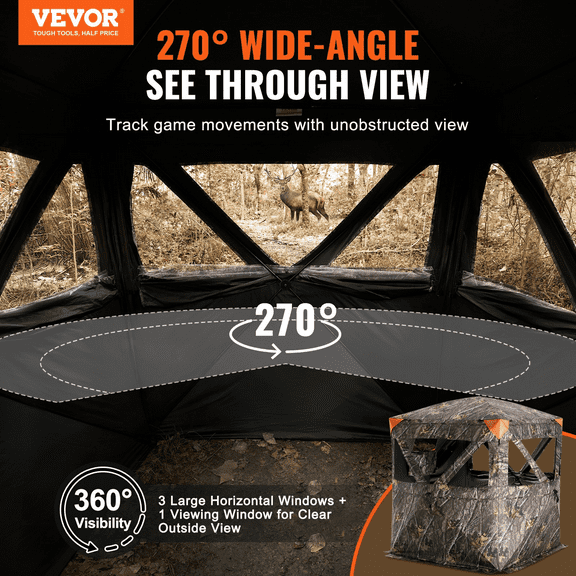 VEVOR Hunting Blind, 270 See Through Ground Blind, 1-2 Person Pop Up Deer Blind for Hunting with Carrying Bag, Portable Resilient Hunting Tent, 3 Horizontal Windows for Turkey and Deer Hunting