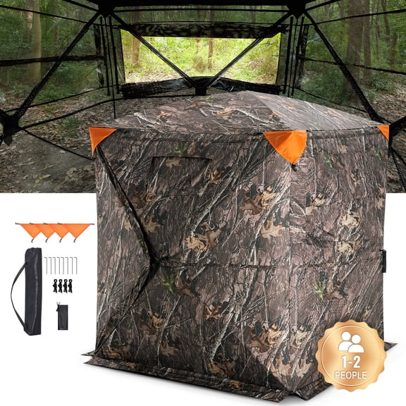 VEVOR Hunting Blind, 270 See Through Ground Blind, 1-2 Person Pop Up Deer Blind for Hunting with Carrying Bag, Portable Resilient Hunting Tent, One-Way See-Through Mesh for Turkey and Deer Hunting