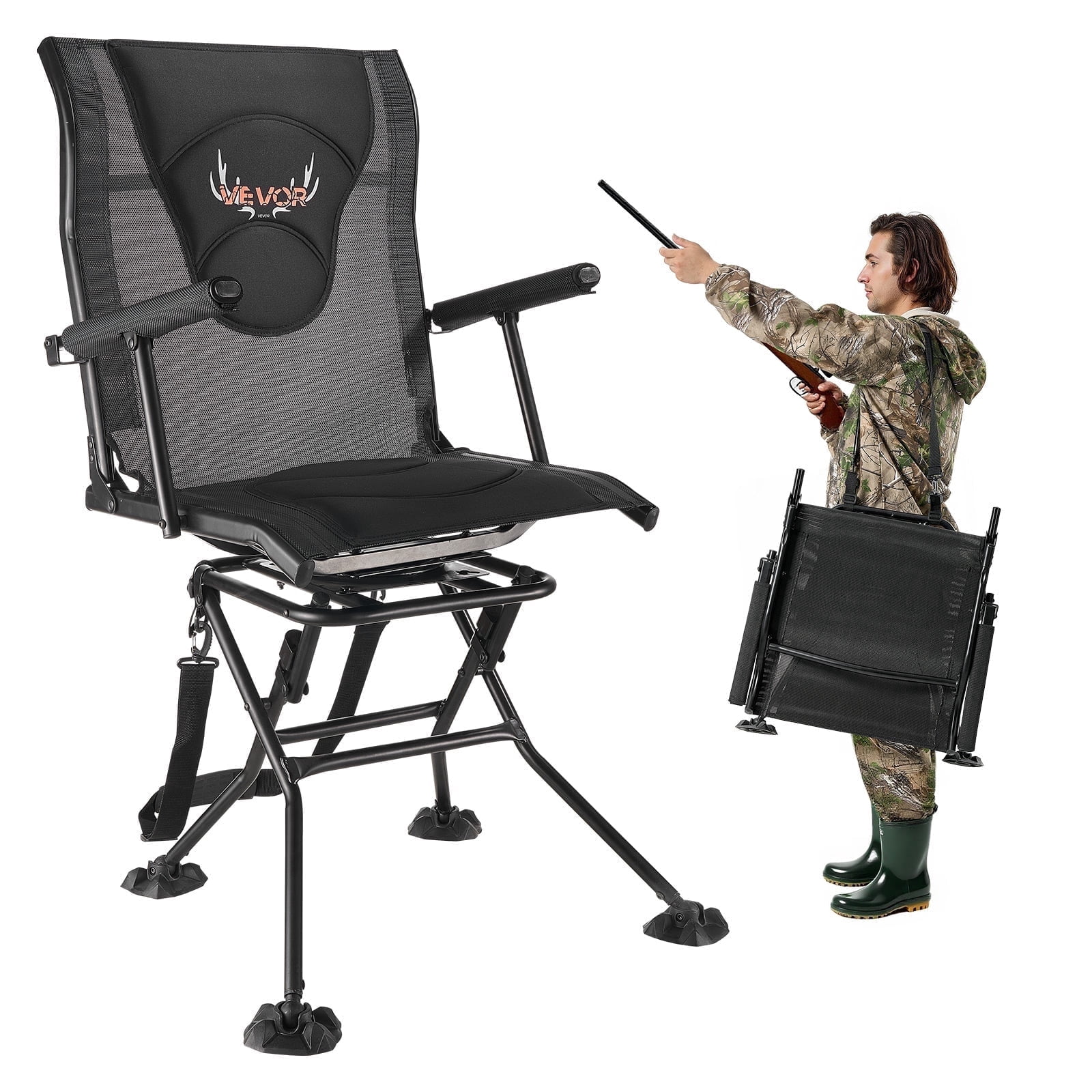 VEVOR Hunting Chair, 360° Silent Swivel, Foldable Portable Blind Chair, Heavy-Duty Steel Frame Ground Stool Seat, with Armrests, Adjustable Carry Strap, Anti-Sink Feet, 300 Lbs Capacity for Fishing