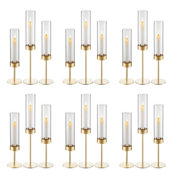 VEVOR Hurricane Candle Holders Set of 18, Gold Metal Stand with Clear Glass Cylinders, Elegant Tiered Centerpieces Wind Protection for Wedding, Table Centerpieces, Party, Home Decor, Modern Style