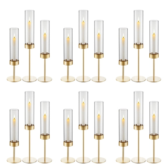 VEVOR Hurricane Candle Holders Set of 18, Gold Metal Stand with Clear Glass Cylinders, Elegant Tiered Centerpieces Wind Protection for Wedding, Table Centerpieces, Party, Home Decor, Modern Style