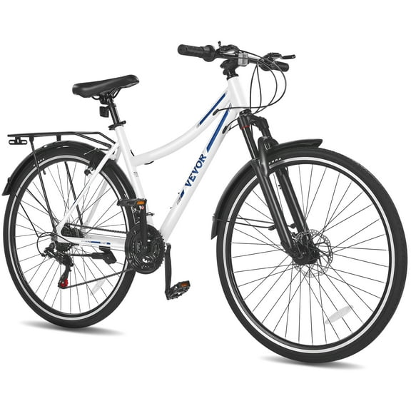 VEVOR Hybrid Bike, Lightweight Aluminum Frame Bike, 700c Wheel Men and Women Hybrid Bicycle, Step-Through Adult Urban City Commuter Bikes, 21-Speed Shimano Drivetrain, Dual Brakes, Front Suspension