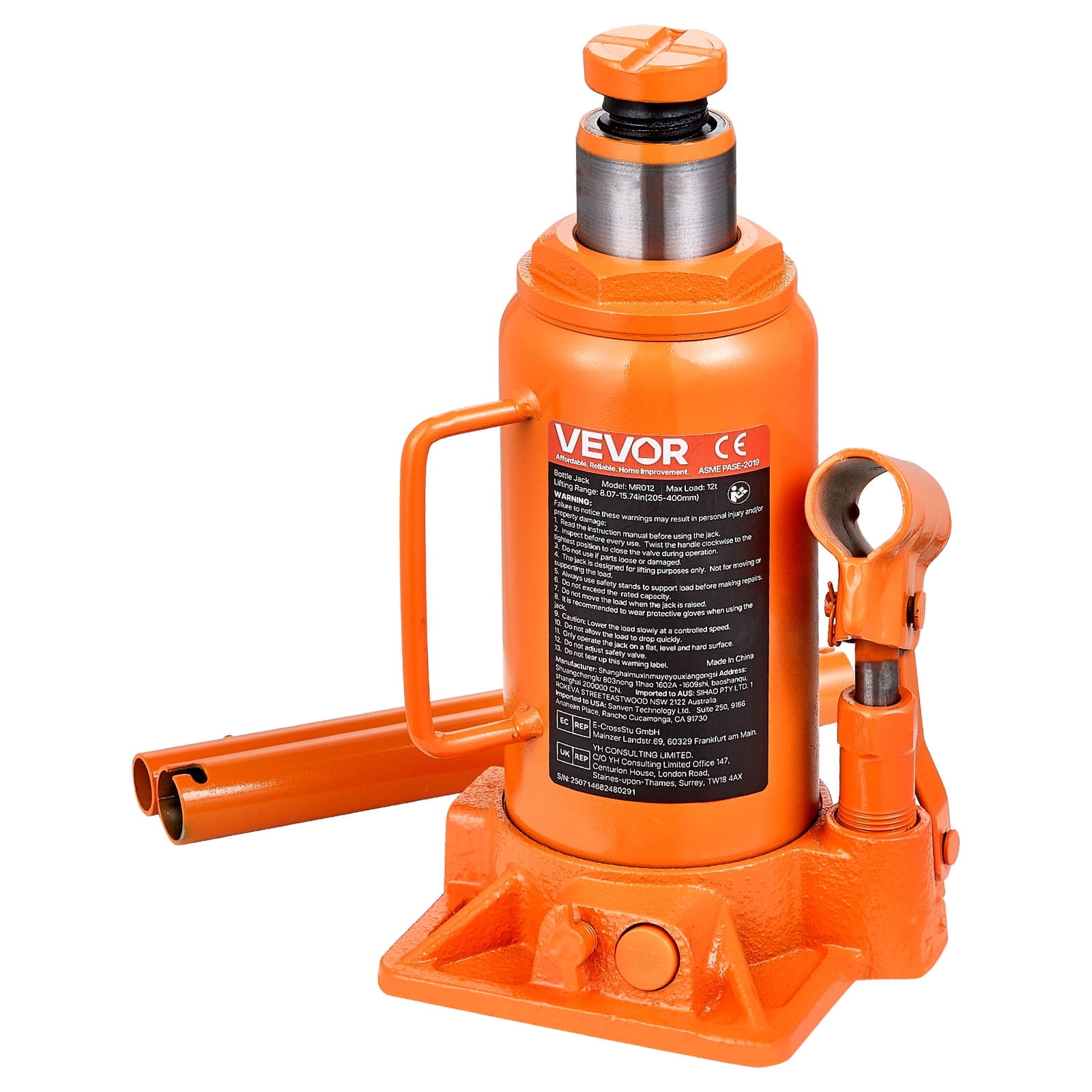 VEVOR Hydraulic Bottle Jack, 12 Ton (26455.5 lbs) Capacity, 8.1-15.7 Inch Lifting Range, Heavy Duty Welded Bottle Jack