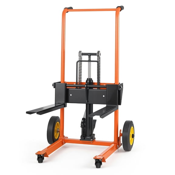 VEVOR Hydraulic Material Lift Winch Stacker, 450 lbs Load Capacity, Pallet Truck Dolly with Fork Lift Table, 39.4 Inches Max Lifting Height, Foldable & Portable Pallet Jack Table Cart, Orange & Black