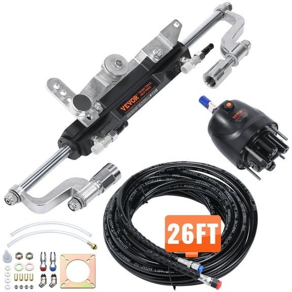 VEVOR Hydraulic Outboard Steering Kit, 300HP,Marine Boat Hydraulic Steering System,with Helm Pump Two-Way Lock Cylinder and 26 Feet Hydraulic Steering Hose, for Single Station Single-Engine Boats