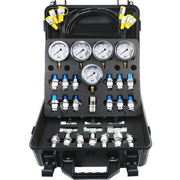 VEVOR Hydraulic Pressure Test Kit, 10/100/250/400/600bar, 5 Gauges 13 Test  Couplings 14 Tee Connectors 5 Test Hoses, Hydraulic Gauge Kit w/ Sturdy