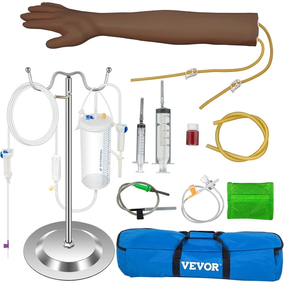 VEVOR IV Practice Kit Phlebotomy Practice Kit with Dark Skin, Venipuncture Practice Kit Skills Learning Model Arm Kit with Height Adjustable Infusion Stand for Students, Nurse