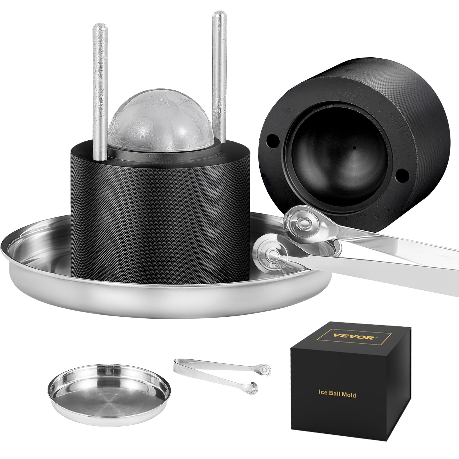 VEVOR Ice Ball Press, 2.4" Ice Ball Maker, Aircraft Al Alloy Ice Ball Press Kit for 60mm Ice Sphere, Ice Press with Tong and Drip Tray, for Whiskey, Cocktail, Scot on Party & Holiday, Black