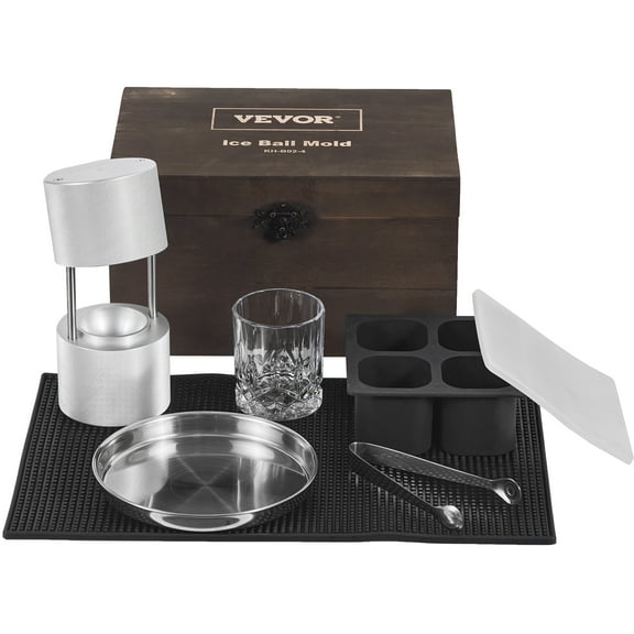 VEVOR Ice Ball Press Kit, Aircraft Al Alloy Ice Press with Ice Block Mold, Large Mat, Tong, Drip Tray, One Glass, Round Ice Ball Maker 2.4"/60 mm Ice Sphere, for Cocktail on Party & Holiday