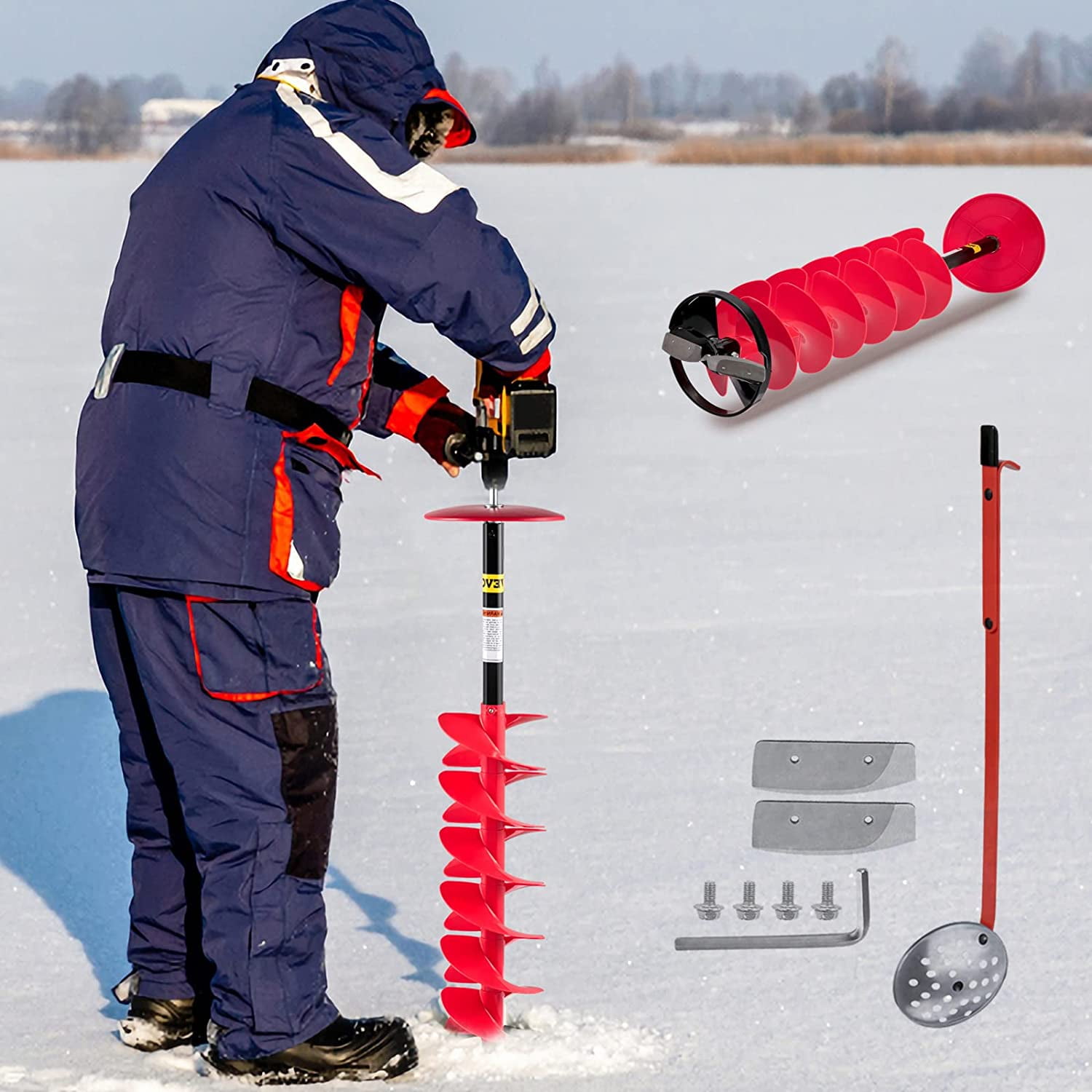 VEVOR Ice Drill Auger, 6 Diameter Nylon Ice Auger, 39 Length Ice Auger Bit,Auger Drill with 11.8 Extension Rod,Auger Bit w/ Drill Adapter,Top