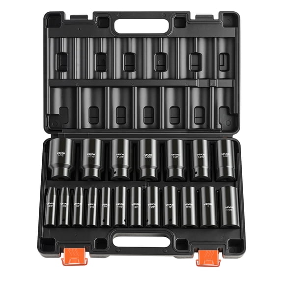 VEVOR Impact Socket Set, 1/2" 19 Piece Impact Sockets, Deep Socket, 6-Point Sockets, 1/2" Drive Set 3/8" to 1-1/2", Cr-V Rugged Construction, Easy to Identify, with a Sturdy Storage Case,for Vehicles