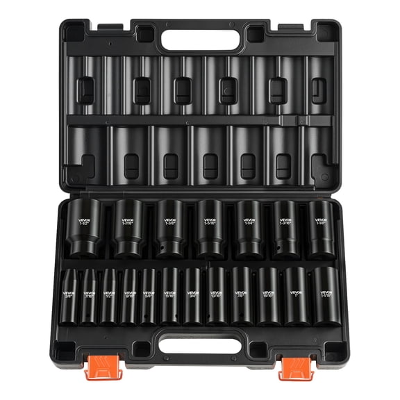 VEVOR Impact Socket Set, 1/2" 19 Piece Impact Sockets, Deep Socket, 6-Point Sockets, 1/2" Drive Set 3/8" to 1-1/2", Cr-V Rugged Construction, Easy to Identify, with a Sturdy Storage Case, for Vehicle