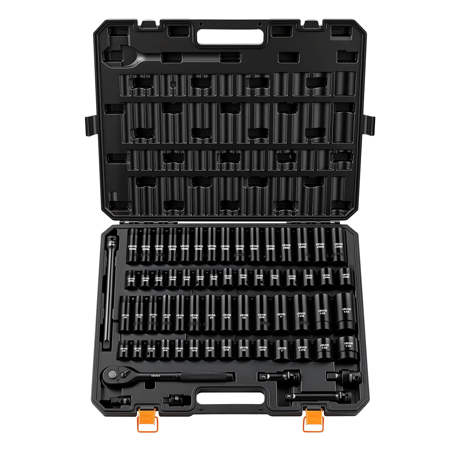 VEVOR Impact Socket Set, 1/2" Drive, 65-Piece Socket Set, 6 Point Sockets, SAE 3/8" to 1-1/4" and Metric 10-24 mm, Easy to Identify, with a Sturdy Storage Case, Cr-V Alloy Steel for Vehicles Repair