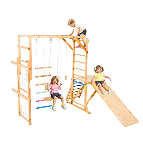 VEVOR Indoor Playground Jungle Gym,8-in-1 Wooden Indoor Playground Playset, 220LBS Loading Montessori Climbing Toys with Swing, Slide, Monkey Bar, Gym Rings, Wooden / Rope Ladder, Climbing Net & Bar