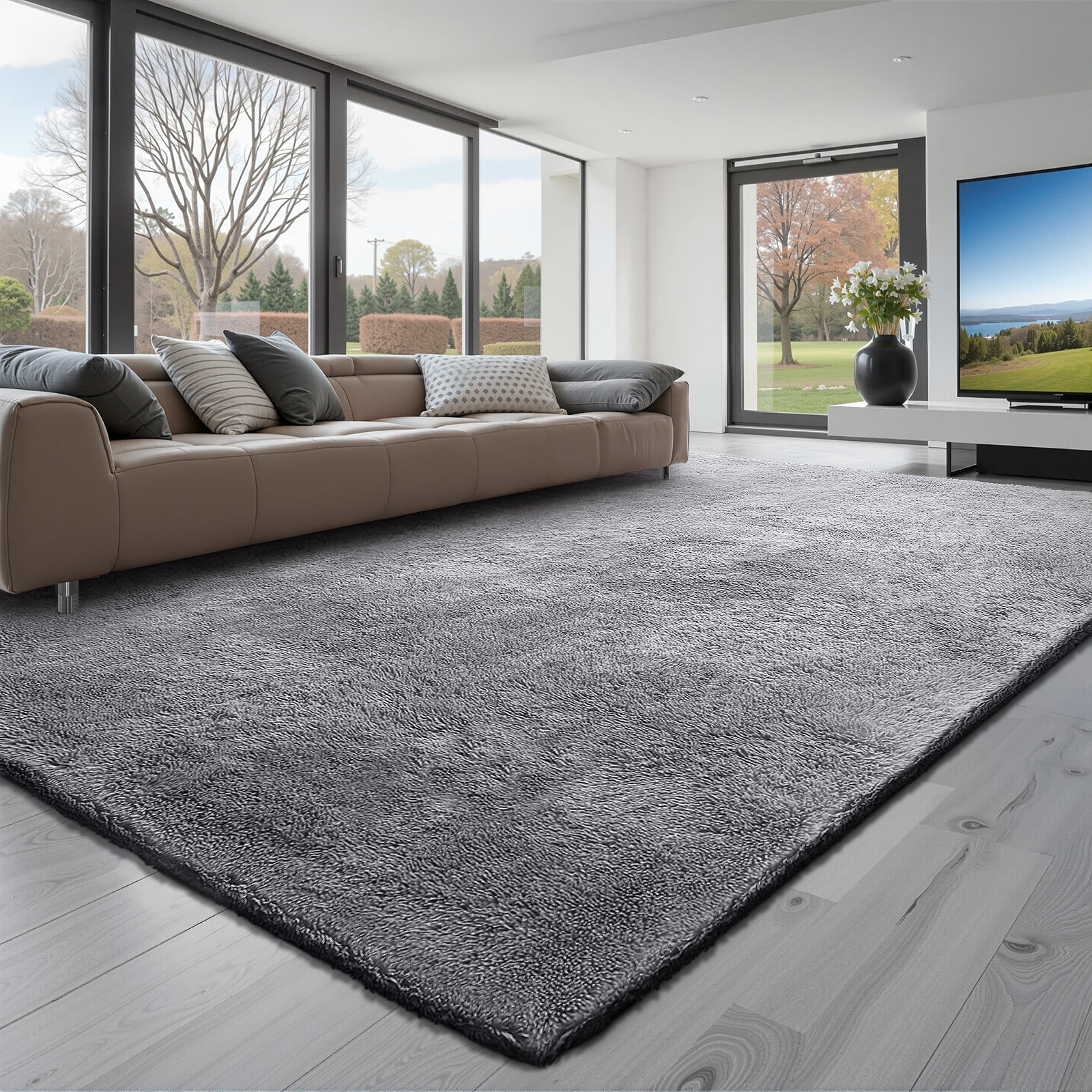VEVOR Indoor Plush Area Rugs, 8 x 10 ft Soft Plush Carpet, Furry Shag Area Rugs for Living Room, Bedroom, Sunroom, Modern Home Decor Aesthetic, Non-Shedding, Non-Woven, Slip-Resistant, Smoke Gray