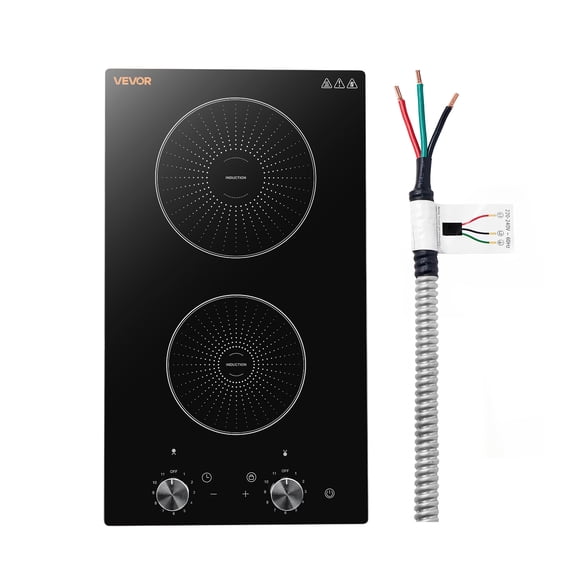 VEVOR Induction Cooktop 12inch 2 Burners Built-in Electric Stove 220V 3500W, Induction Burner for Kitchen, with 11 Power Levels, Knob Control, Ceramic Glass Surface, Child Lock