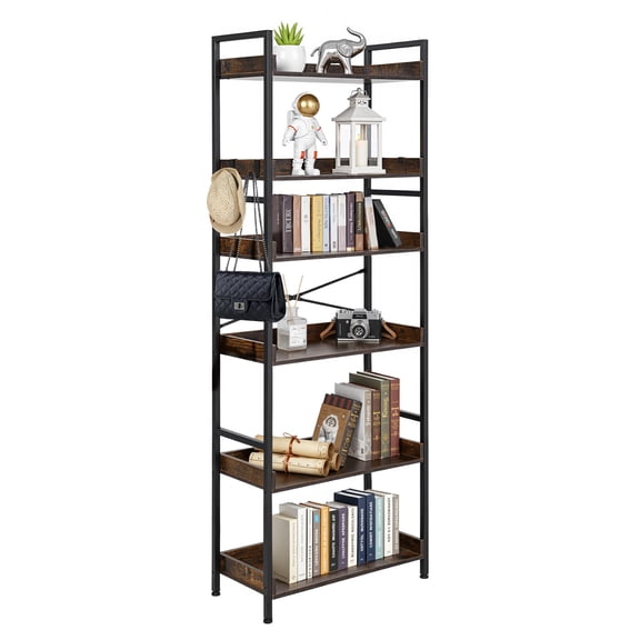 VEVOR Industrial Bookshelf, 6-Tier, Vintage Ladder Shelf Bookshelves and Bookcases, with Metal Frame, Book Organizer with Open Shelves, for Living Room, Bedroom, Kitchen, Home Office, Rustics Brown