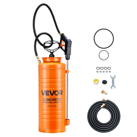 VEVOR Industrial Concrete Sprayer, 3.5 Gallon Stainless Steel Sprayer, Heavy Duty Tri-Poxy Pump Sprayers, 20.5"Wand with Ergonomic Gun Handle,48"& 120"Hose,2 Brass Nozzles for Construction,Garden