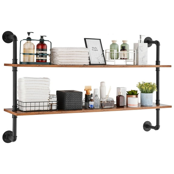 VEVOR Industrial Pipe Shelf, 2 Tier 48x 9.84in, Wall-Mount Floating Rustic Wood Shelves Bracket Display Bookshelf, Storage Rack Sundries Holder for Kitchen Bedroom Bathroom Living Room, Black