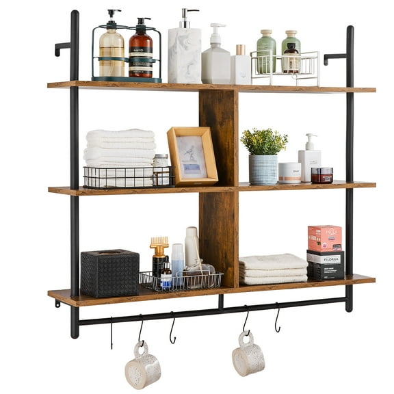 VEVOR Industrial Pipe Shelf, 3 Tier 41.5x9.84in, Wall-Mount Floating Rustic Wood Shelves Bracket Display Bookshelf, Storage Rack Sundries Holder for Kitchen Bedroom Bathroom Living Room, Black