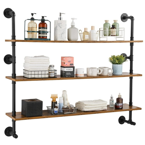 VEVOR Industrial Pipe Shelf, 3 Tier 48x9.84in, Wall-Mount Floating Rustic Wood Shelves Bracket Display Bookshelf, Storage Rack Sundries Holder for Kitchen Bedroom Bathroom Living Room, Black