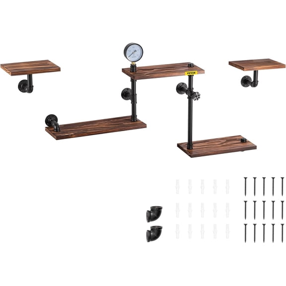 VEVOR Industrial Pipe Shelving, Pipe Shelves with 5-Tier Wood Planks, Rustic Floating Shelves Wall Mounted, Wall Shelf DIY Bookshelf for Bar Kitchen Bathroom Farmhouse Living Room, 47x28x9 inch