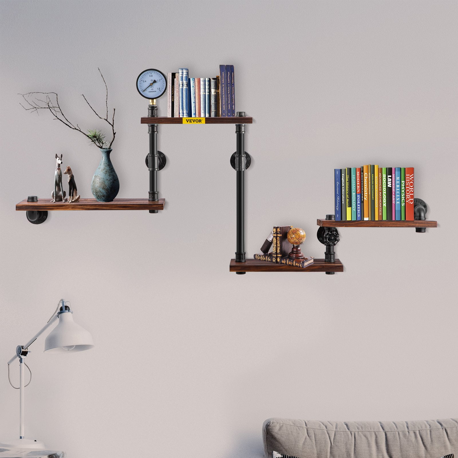 VEVOR Industrial Pipe Shelving with 4Tier Wood Planks Rustic Wall