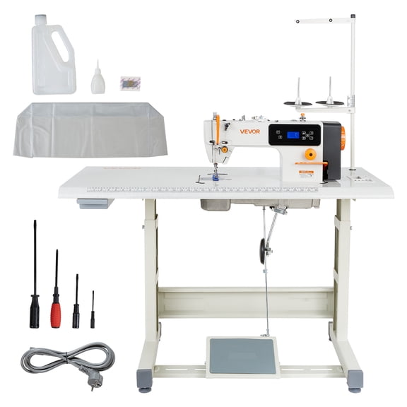 VEVOR Industrial Sewing Machine, 550W Lockstitch Sewing Machine Set with Servo Motor and Table Stand, Auto Thread Trimmer, 5000 SPM High Speed, Metal Frame, LCD Panel, LED Light, for Cotton, Denim