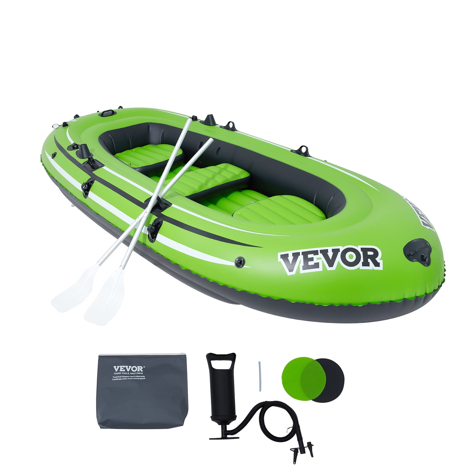 VEVOR Inflatable Boat, 3-Person Inflatable Fishing Boat, Strong PVC Portable Boat Raft Kayak, 45.6" Aluminum Oars,High-Output Pump, Fishing Rod Holders,and 2 Seats,1100 lb Capacity for Adults, Kids