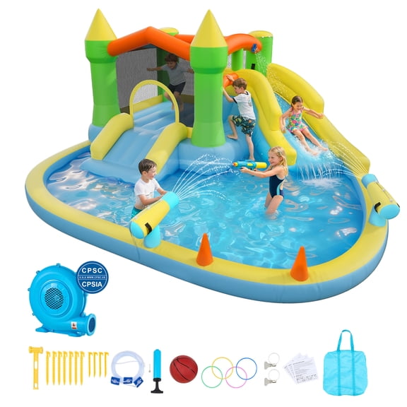 VEVOR Inflatable Bounce House, 12.5 x 13.1 x 6.5 ft Inflatable Bounce House Water Slide, Bouncer Castle with Castle Bounces, Basketball Hoop, Splash Pool & Water Ring Toss,for 3 to 4 Kids Ages 3 to 8